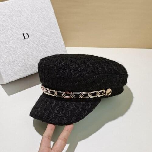 Winter Womens Sailor Hat Korean Metal Chain Navy Cap Fashion Tweed Plaid Beret Hats Tide Flat Top Captain Cap Lady Military Hat