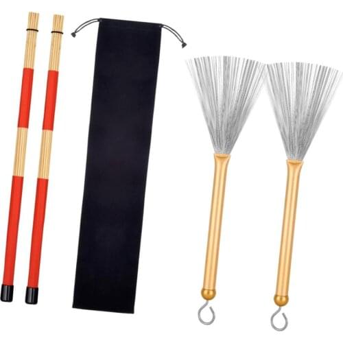 1 Pair Of Drum Brushes + Drum Sticks Brush Set And Storage Bag Accs Golden