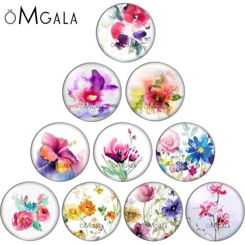 Watercolor Flowers Art Paintings 10pcs mixed 12mm/18mm/20mm/25mm/30mm Round photo glass cabochon demo flat back Making findings