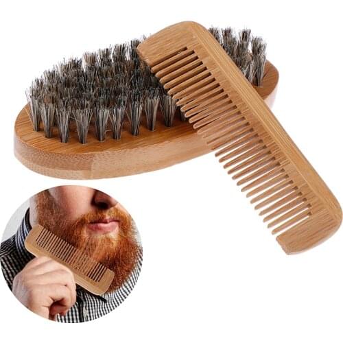 2pcs/set Beard Brush Boar Bristle For Mens Mustache Shaving Comb Face Massage Facial Hair Cleaning Brush Comb