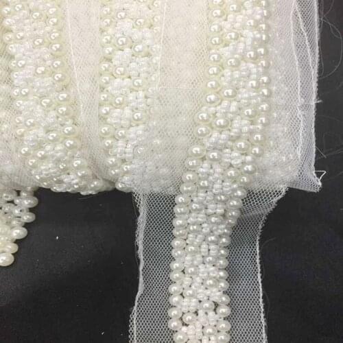 2Yd 4.5cm Fake Pearl Beaded Lace Trim White Mesh Fabric Paillette Lace Beaded Trim Braid Lace Applique