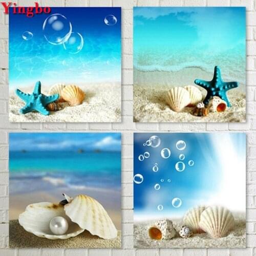 4 pcs DIY Diamond Embroidery,Full square Round Diamond Blue Beach Seascape Paintings rhinestone 5D Diamond painting Shell pearl