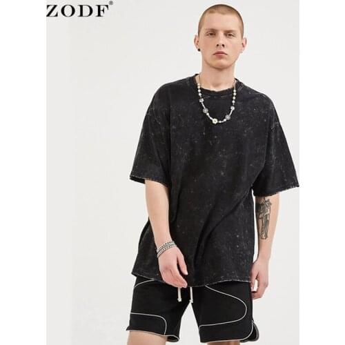 ZODF Brand New Summer Mens 260gsm Cotton Black T Shirts Loose Unisex Wahed Retro High Street Kanye Style T-Shirt Tops HY0265