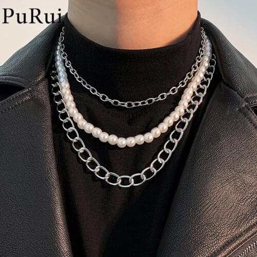 Hip Hop Punk Pearl Necklace Stainless Steel Curb Cuban Link Chain Choker for Men Women Silver Color Fashion Male Jewelry Gift