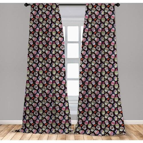 Black Fuchsia Sugar Skull Curtains All Souls Day Floral Colorful Sugar Skulls Flowers Window Treatments for Living Room Bedroom