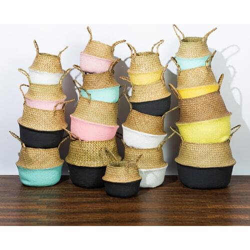 Colorful Handmade Woven Flower Pot Planter Folding Seagrass Storage Basket Dirty Clothes Toys Baskets Office Home Decoration