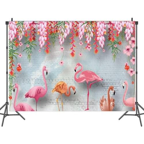 Brick Wall Pink Flamingos and Flowers Photo Backdrops Background Decorations Birthday Party Portrait Photography Props