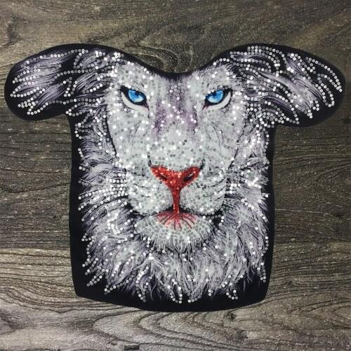 1Pcs Fashion large sequined white lion patches Iron on clothesApplique Jacket patchesfree shipping products from aliexpress