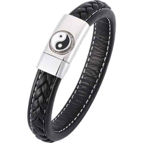 Trendy Chinese Style Tai Chi Ying Yang Magnetic Buckle Men Bracelet Black Braided Leather Wristband Bangles Male Jewelry PD0352