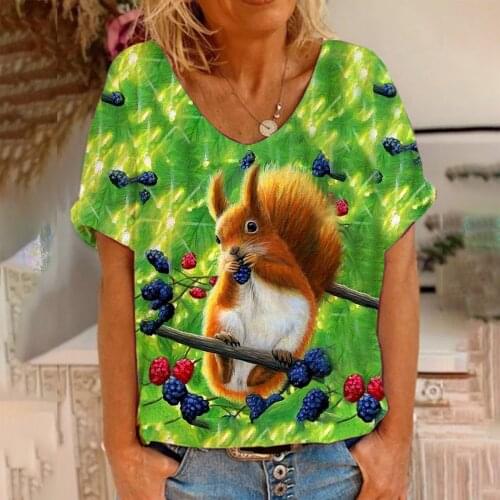 New animal positioning color printing womens T-shirt V-neck top 2021 summer new loose and comfortable womens wear Костюмы с шо