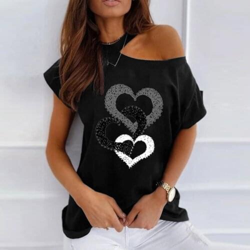 New Fashion One Shoulder Women Tee Shirt Love Heart Printing T Shirt Women Dew Shoulder Casual Summer Top Tee Short-Sleeve Tops