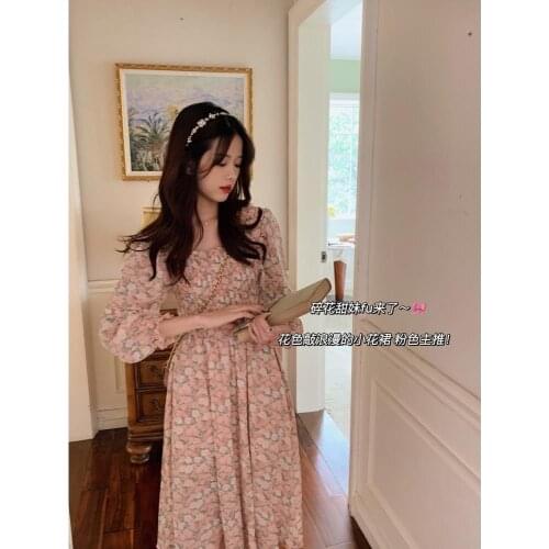 Puxi soft design and color ~ 2021 new versatile floral medium length slim Chiffon medium length dress trend leisure fashion