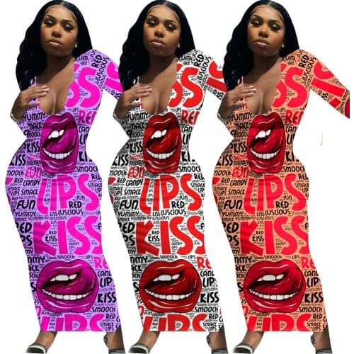 Sexy V Neck Tank Long Sleeve Dress Fashion Letter Print "kiss Lips" Dresses Summer Maxi Long Sundresses Vaction Y2k Clothes 2021