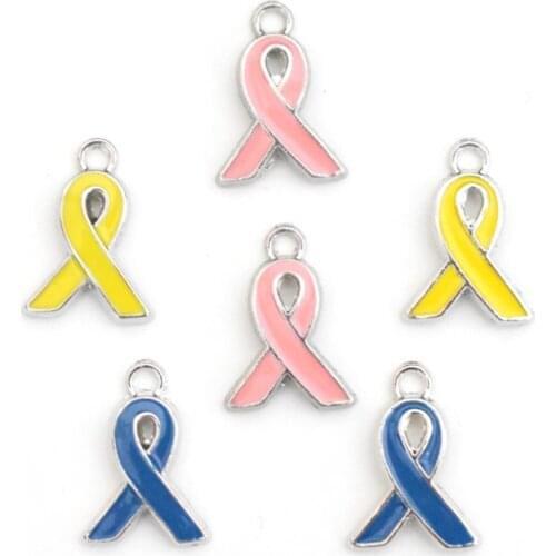 12*17mm Pink Yellow Ribbon Tie Pendant Breast Cancer Awareness Charms Enamel DIY Accessories For Handmade Women Jewelry Necklace