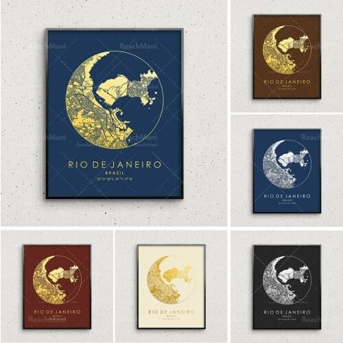 Rio de Janeiro map printing, gold and silver Rio de Janeiro wall art, Rio de Janeiro city poster