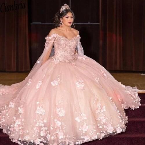 Luxurious Blush Pink Floral Flowers Quinceanera Prom Dresses with Cape Wrap Ball Gown Robe Rhinestones Evening Formal Party Wea