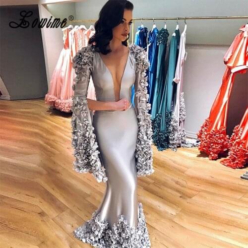 Sexy Deep V-Neck Long Sleeve Formal Dress Dubai Silver Satin Long Mermaid Evening Dress Floral 2017 Turkish Women Evening Gowns