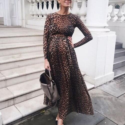 2021 Spring Maternity Dresses Long Sleeve High Neck Leopard Print Ruffled Pregnant Dress Elegant Together Maternity Clothes