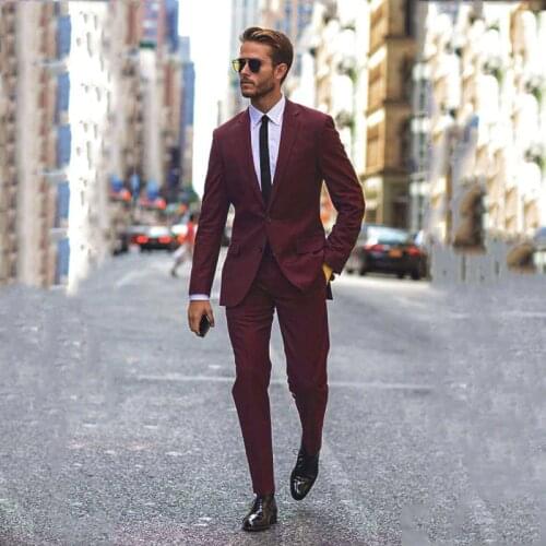 High Street Burgundy Business Men Suits Wedding Groom Tuxedo 2 Pieces Jacket Pants Slim Fit Best Man Blazer Ternos