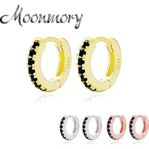 Moonmory 925 Sterling Silver Black Zircon Hoop Huggies Earrings For Women Party Fine Crystal Small Round Earrings Jewelry Aretes
