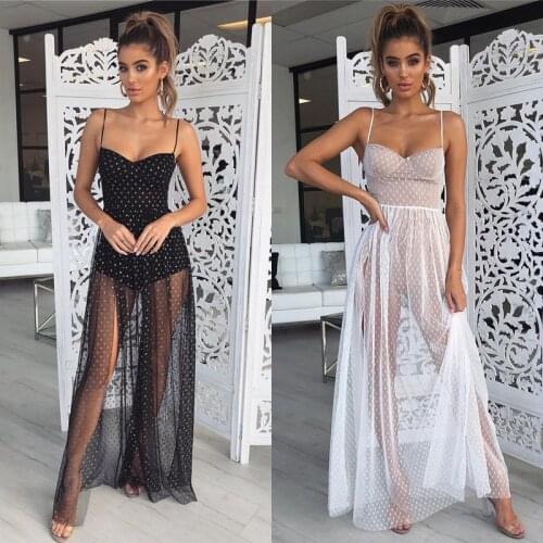 Brand New Summer Women Patchwork Maxi Beach Dress Beach Cover-up Swimwear Transparent Dots Solid Female Sundress Beachwear