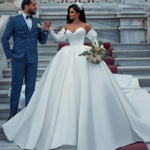 Fancy A Line Wedding Dress with Removable Long Sleeves Satin Bridal Gowns Modest White Long vestido de novia