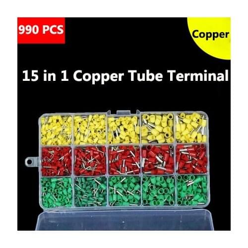 990pcs Assorted Insulated Tube Terminals Wire Ferrules Connectors Kit Cord Pin Copper