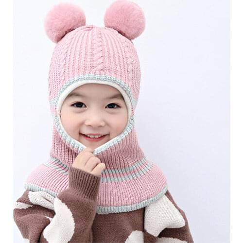 Thick Knitted Winter Hats for Kids 2-5years Children Balaclava Style Fleece Lining Girl Pom Beanie Pink Yellow Grey Black Beige