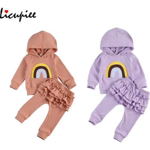 Childrens Two Piece Set Girls' Rainbow Pattern Long Sleeve Hoodie Boys Trousers with Pockets Toddlers Suit 0-3 Years