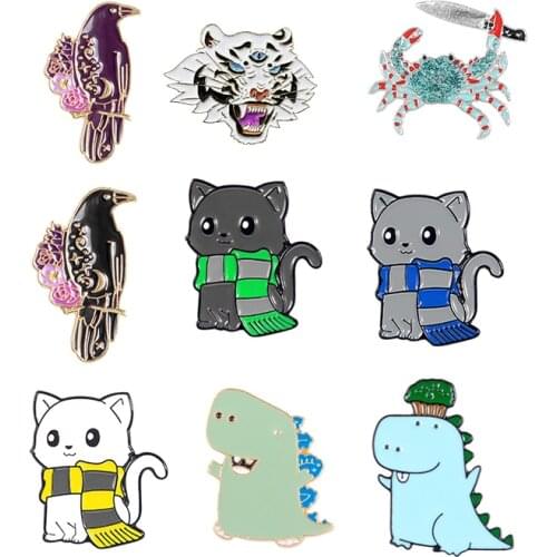 Cartoon animal Enamel Brooch Bird crow Scarf cat Crab Tiger Dinosaur brothers Lapel Pin bag jackets personality badge jewelry