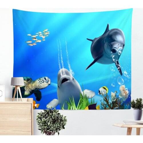 Turtles Dolphin Blue Sea Animals Fish Sailing The Ocean Steamship Tapestry Wall Hanging Throw Home Decor Living Room Beach Towel
