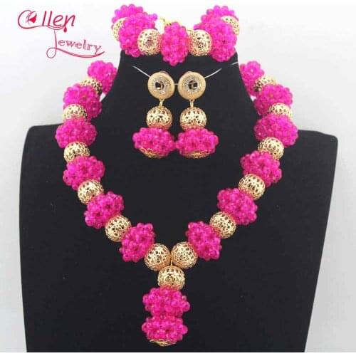Fuchsia Pink Wedding Beads Jewelry Set Chunky Bridal Crystal Necklace Earrings Set Dubai Gold Women Costume Jewellery Set N0015