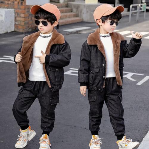 Boys Suits 2021 Winter Warm New Velvet Thick Jacket Pants 2pcs Set Children Clothing Denim Coat Pocket For 2-13 Years Old HPY123