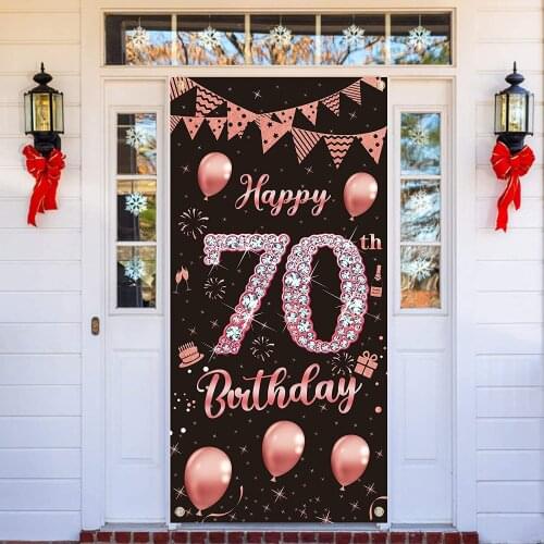 70th Birthday Door Cover Banner Decorations, Rose Gold 70th Birthday Backdrop, Happy 70 Birthday Poster Decor Photo Booth Props