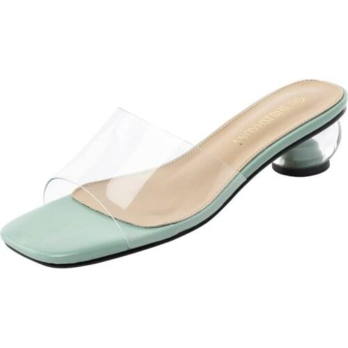 2021 Summer New Middle Heel Glass Plastic Sandals Large Size 31-43 Fat And Wide Fashionable And Transparent Sandals For Girls