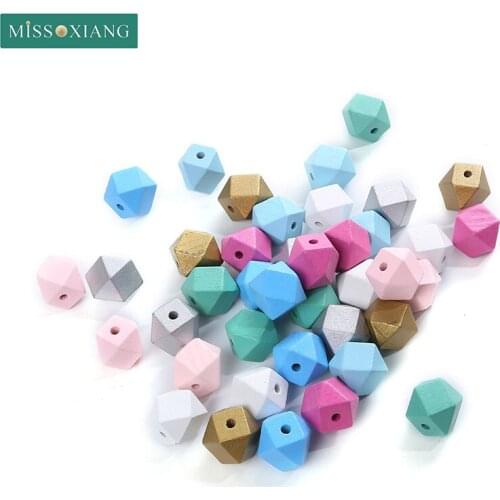 Missxiang 20pcs 15/20mm Rainbow Wooden Spacer Beads Geometry Polygon Shape Wood Beads for Jewelry Making DIY Earring Accessories