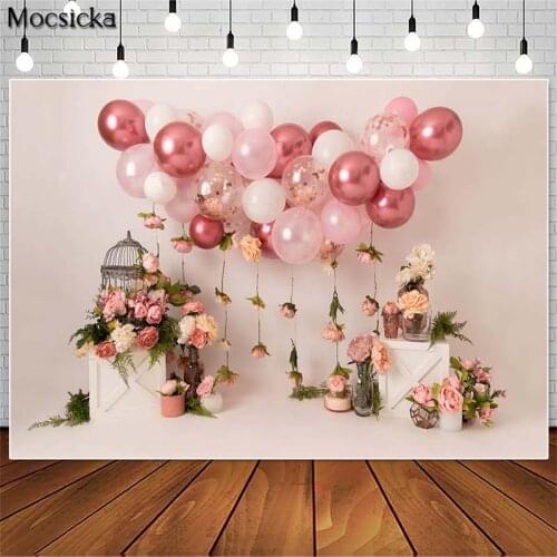 Mocsicka Spring Flowers Girl 1st Birthday Cake Smash Photography Backdrops Pink Balloon Decor Photocall Background Photo Studio