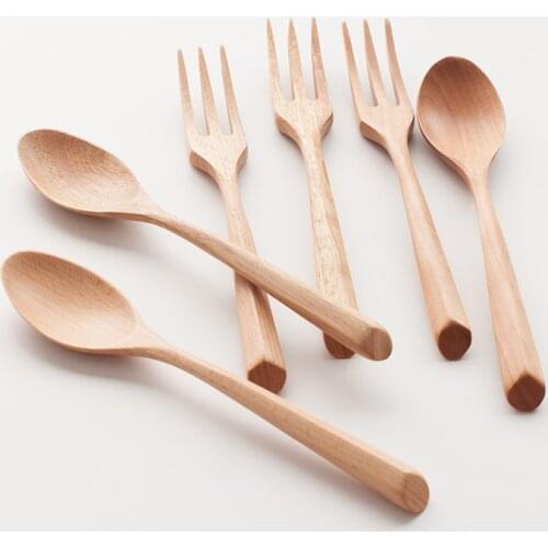 6pcs Japanese Dinnerware Set Wooden Spoon Fork 7.5'' Beach Wood Tableware Portable Child Dessert Salad Cutlery Kitchen Utensils