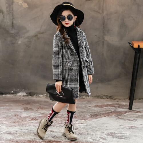 2020 Girls Autumn Fashion Plaid Woolen Coat Hooded Jacket Winter Warm Overcoat Teens Girls Houndstooth Wool Coat for Girls
