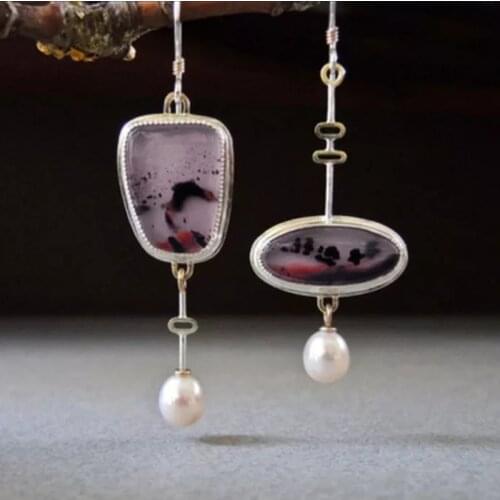 New Creative Asymmetric Pink Stone Long Earrings Boho Lovely Geometric Oval Opal Resin Pearl Dangle Earrings for Women