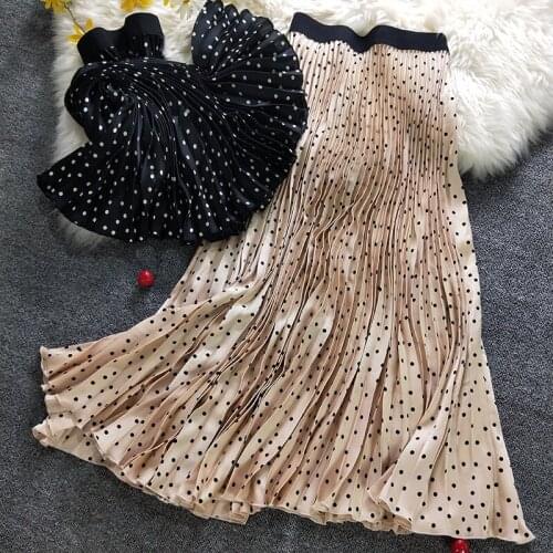Retro chao New good wave pleated skirt satin elastic waist manual pressure plait skirts long money in the spring and summer