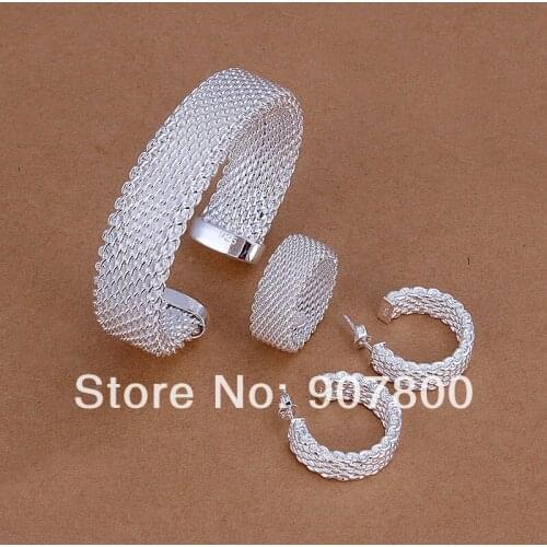 Silver plated jewelry sets mesh bangles ring & stud earring birthday gift for woman Classic European style party jewelry hot