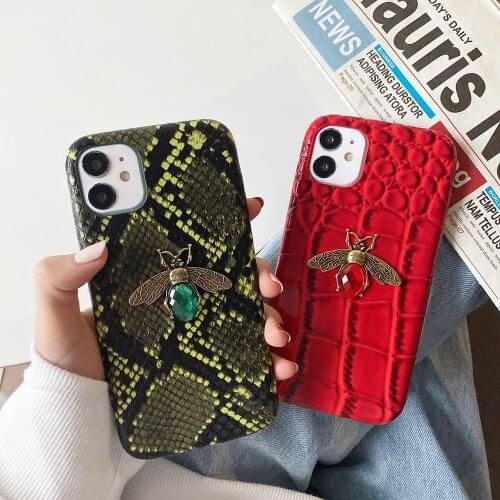 Luxury Diamond Bee Soft Phone Case For iPhone 12 11 Pro Max XR X XS 7 8 Plus Crocodile Snake Skin Texture PU Leather Back Cover