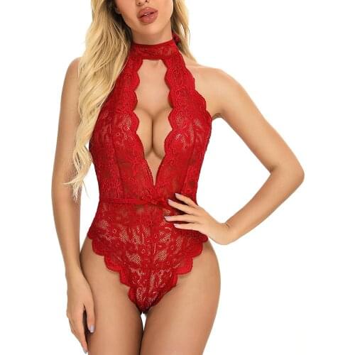 Sexy Bodysuit Women Sleeveless Skinny Body Suit Mujer Deep V-Neck See-through Lace Mesh Hollow Sensual Lingerie Woman 2021