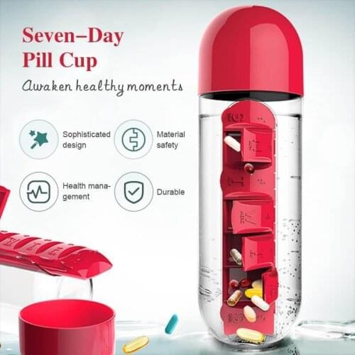 600ml Sports Plastic Water Bottle Combine Daily Pill Boxes Organizer Drinking Bottles Leak-Proof Bottle Tumbler Dropshipping