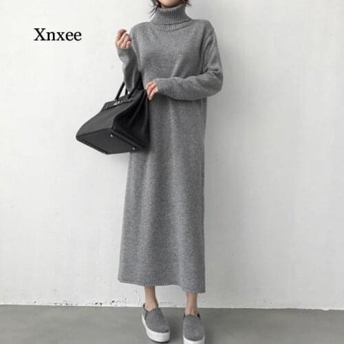 Warm Turtleneck Thick Knitting Winter Black Sweater Dress Women Knitted Female Loose Girls Long Dresses Womens Oversize Vestidos