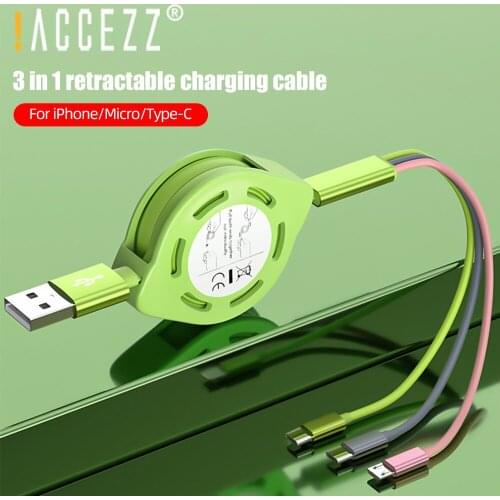 !ACCEZZ 3 in 1 USB Cable Micro USB Type C Lighting For iPhone 11 X 7 8 Liquid Silicone Wire Retractable Portable Charging Cables