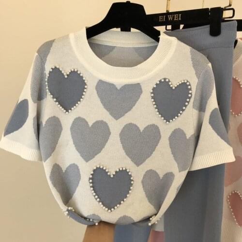 Woemn Fashion Chic 2021 Summer Short Sleeve Round Neck Heart Love Pearls Beading Knitted T Shirt+Casual Pants Clothing Sets Suit