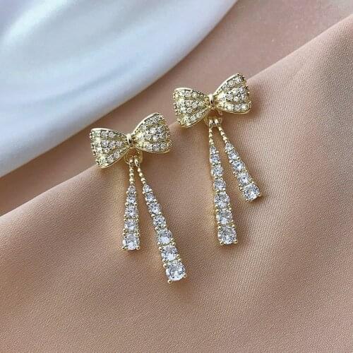 South Koreas new trendy French bow micro-inlaid zircon tassel earrings sweet earrings