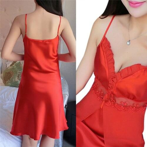 Deep V Neck Women Satin Nightgown Sexy Lace Spaghetti Ladies Sleep Wear Dress